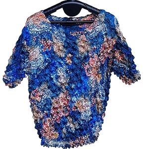 Trending F.C Jewel-Tone Blue Multi-Color Stretch Popcorn Coquette Crinkle Top ♥️
